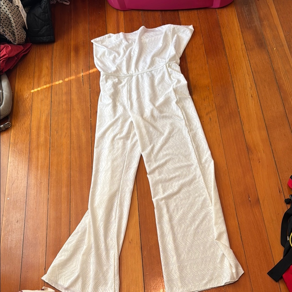 Prana White Strapless Jumpsuit with Flared Legs